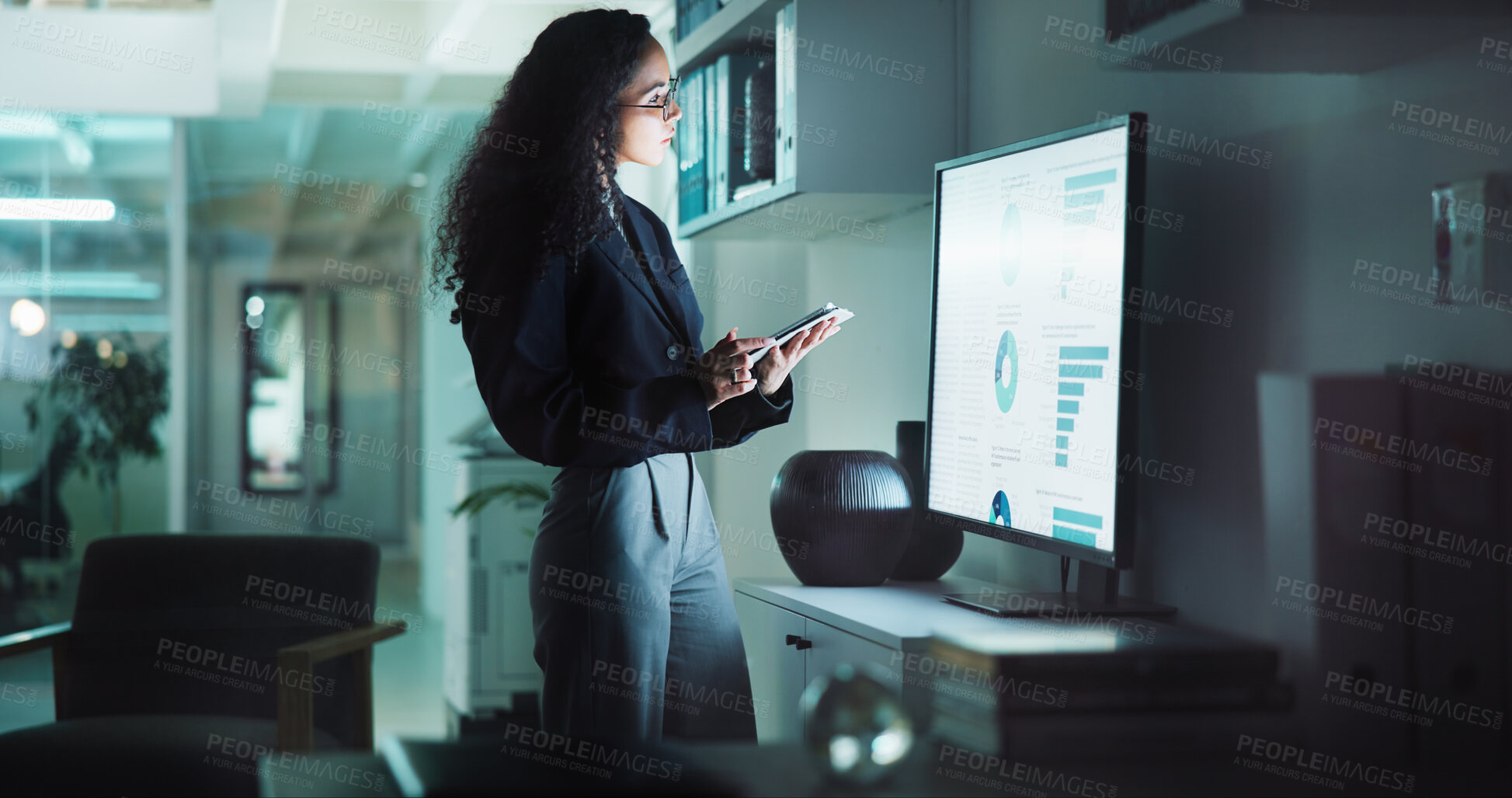 Buy stock photo Data analysis, tablet and monitor with business woman in office for market research, deadline and growth. Investment review, company profit and overtime with person and screen for report at night