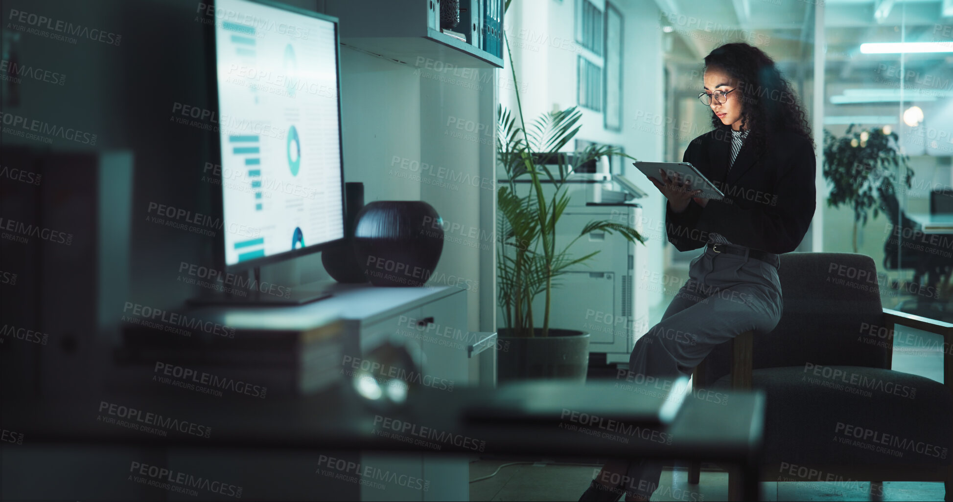 Buy stock photo Data analysis, tablet and report with business woman in office for market research, deadline and growth. Investment review, company profit and overtime with person and screen for monitor at night