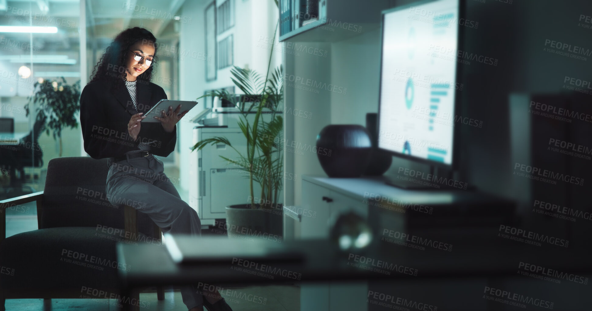 Buy stock photo Data analysis, tablet and statistics with business woman in office for market research, stakeholder shares and growth. Investment review, company profit and chart with person and screen at night