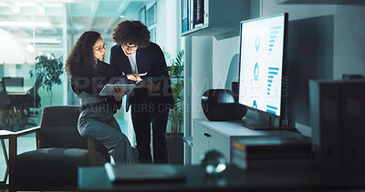 Buy stock photo Office, business people and tablet for online research, internet search and website graph. Professional, man and corporate woman on tech for project management, reading email and planning at night