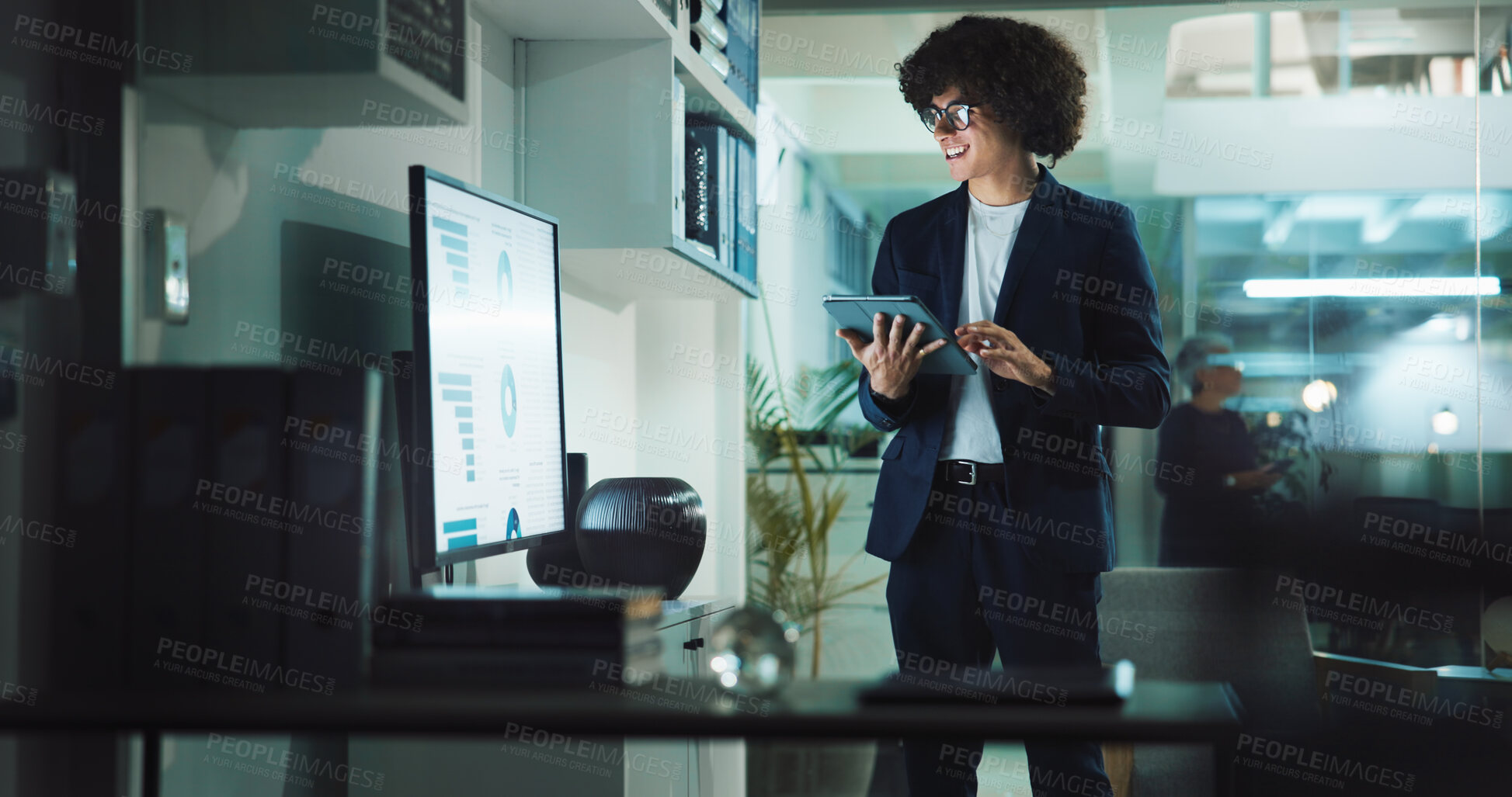 Buy stock photo Data analysis, tablet and happy with business man in office for market research, deadline and growth. Investment review, company profit and overtime with person and screen for graph monitor at night