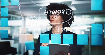 Buy stock photo Businessman, night or thinking with tablet for growth, planning or brainstorming strategy at office. Man, employee or planner with corporate mindmap for company agenda, tasks or ideas on glass board