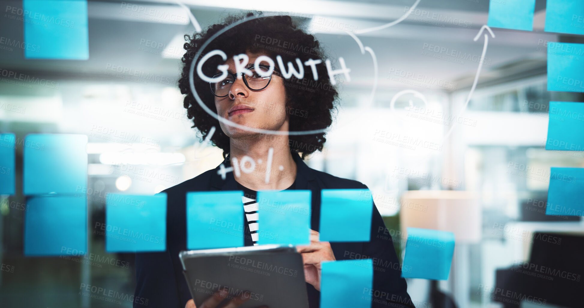 Buy stock photo Businessman, night or thinking with tablet or mindmap for schedule planning, brainstorming or strategy at office. Man, employee or corporate growth with sticky notes for company agenda on glass board