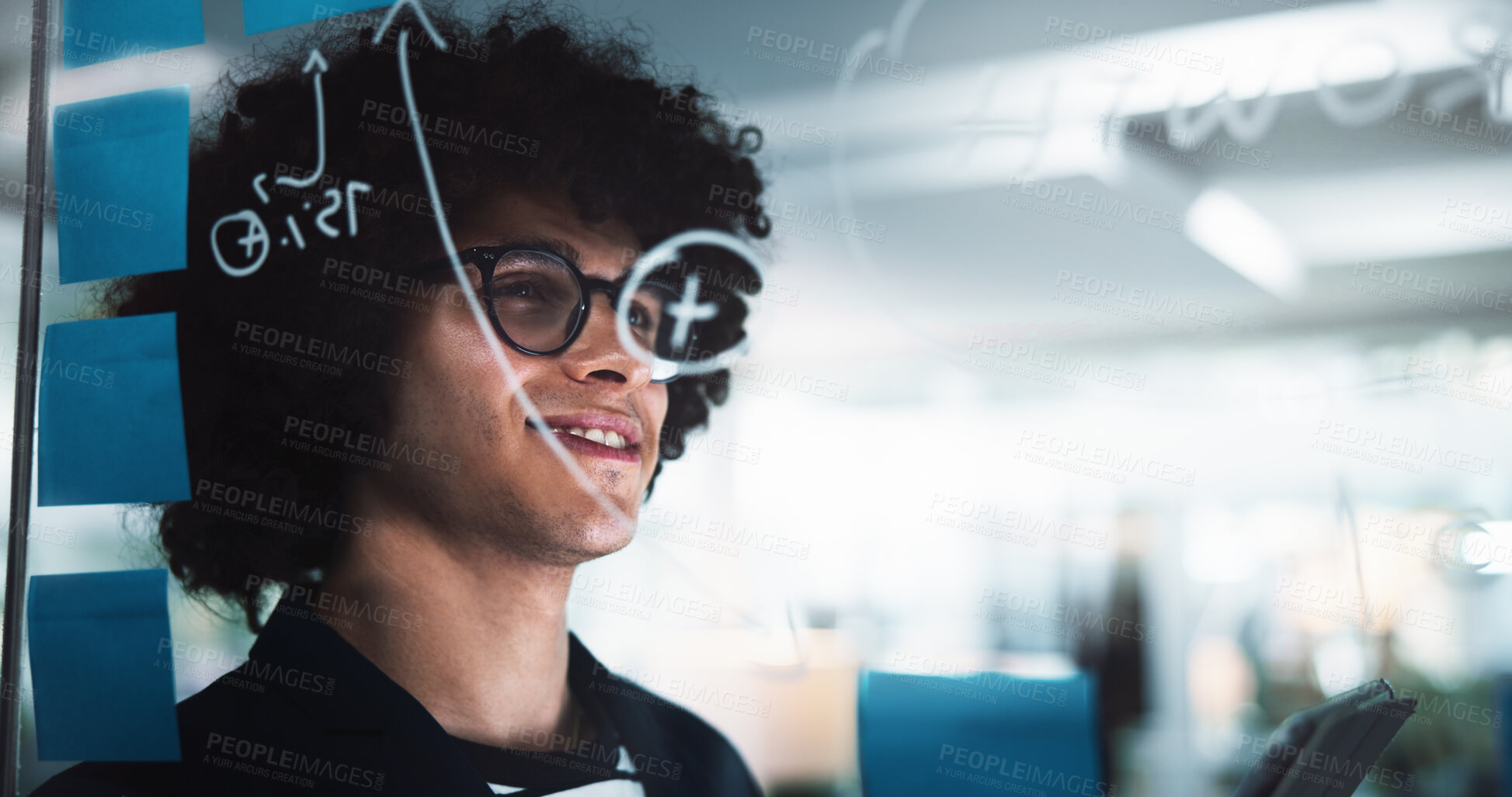 Buy stock photo Happy man, thinking or glass board with mindmap for schedule planning, brainstorming or strategy at office. Male person, employee or planner with sticky notes for company agenda or tasks at workplace