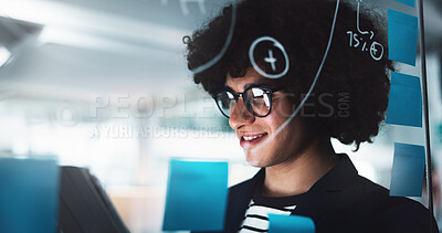 Buy stock photo Businessman, planning and mindmap with tablet for schedule, brainstorming or strategy at office. Male person, employee or planner with sticky notes for company agenda, tasks or reminder at workplace