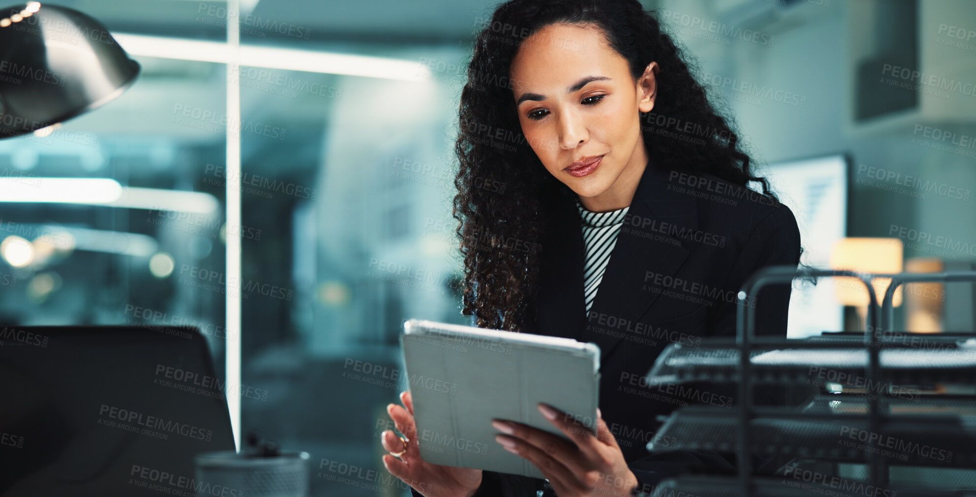 Buy stock photo Night, deadline or woman accountant with tablet for finance management, business or budget review. Accounting, research or profit report on technology for audit, tax compliance or reading online info