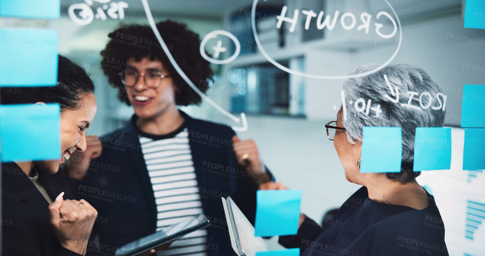Buy stock photo Happy, business people and night with tablet for winning, teamwork or celebration at office. Excited, group or employees working late with smile or technology for good news, offer or project success