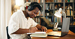 Black man, headphones and writing with studying, home and happy for distance learning, development or research. Person, notes and books with music, education and online course with college project