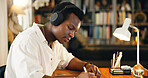 Headphones, college and writing with black man in home office for listening, course and scholarship. Streaming, university student and education podcast with person and study for report and project