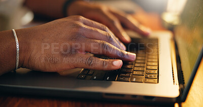 Buy stock photo Hands, laptop and typing in home for education, studying and e learning with online course at apartment. Person, student and computer with keyboard for scholarship, project or assessment at house