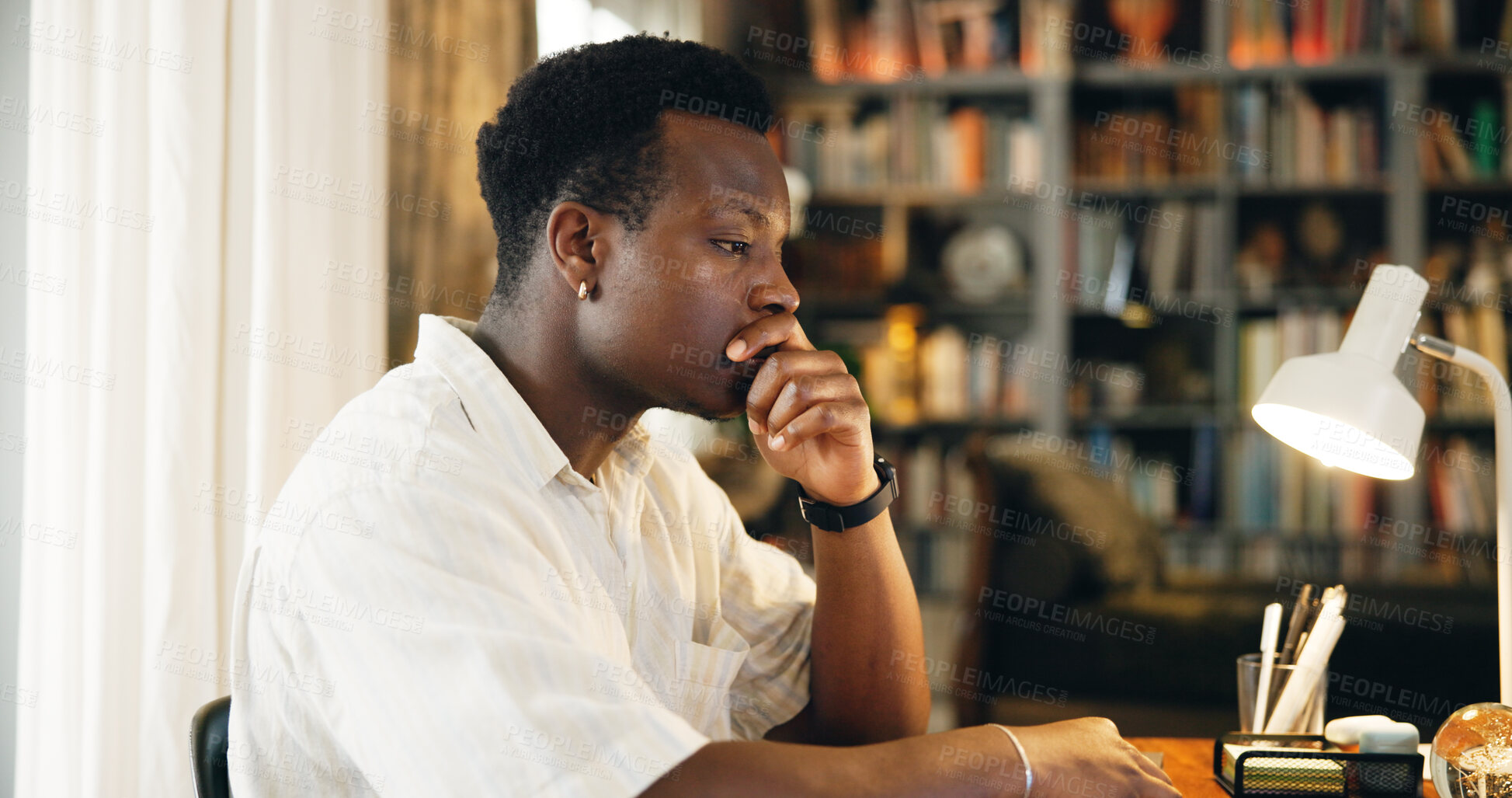 Buy stock photo Black man, student and stress in home for studying, mistake and frustrated with education course. Academic, anxiety and worry in living room for assessment deadline, crisis and overwhelmed by debt