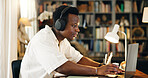 Black man, studying and typing on laptop, home and reading with e learning, development and research in library. Person, computer and student with education, music and online course at apartment