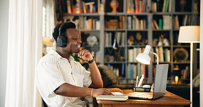 Buy stock photo Black man, headphones and elearning on laptop, home and happy for virtual class, development and info on webinar. Person, computer and student with education, video call or online course at apartment