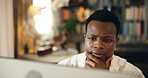 Student, man and thinking by computer at night for research solution, university thesis or problem solving. Studying, black person and online course with proposal planning, elearning or ideas in home