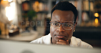 Buy stock photo Student, man and confused by computer in home for difficult research, thesis solution or problem solving. Education, black person and doubt with proposal planning, exam or elearning project at night