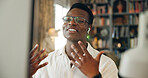 Video call, explain and black businessman on computer in virtual meeting for discussion or online briefing. Remote work, earphones or consultant in webinar for advice, coaching and talking in home