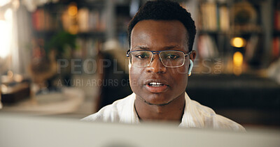 Buy stock photo Black man, earphones or night with computer for journalism, research or history at library. African, male person or journalist with glasses or technology for online learning or education at book shop