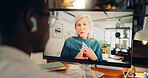 Woman, computer and video call on screen for virtual meeting, webinar or consulting in remote work. Advisor, mentorship or consultant talking online for coaching, networking or communication in home