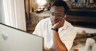 Buy stock photo Home, black man and bored with computer for education, elearning and online class for university. Tired, male person and student with deadline for college assessment, tutorial and research at night