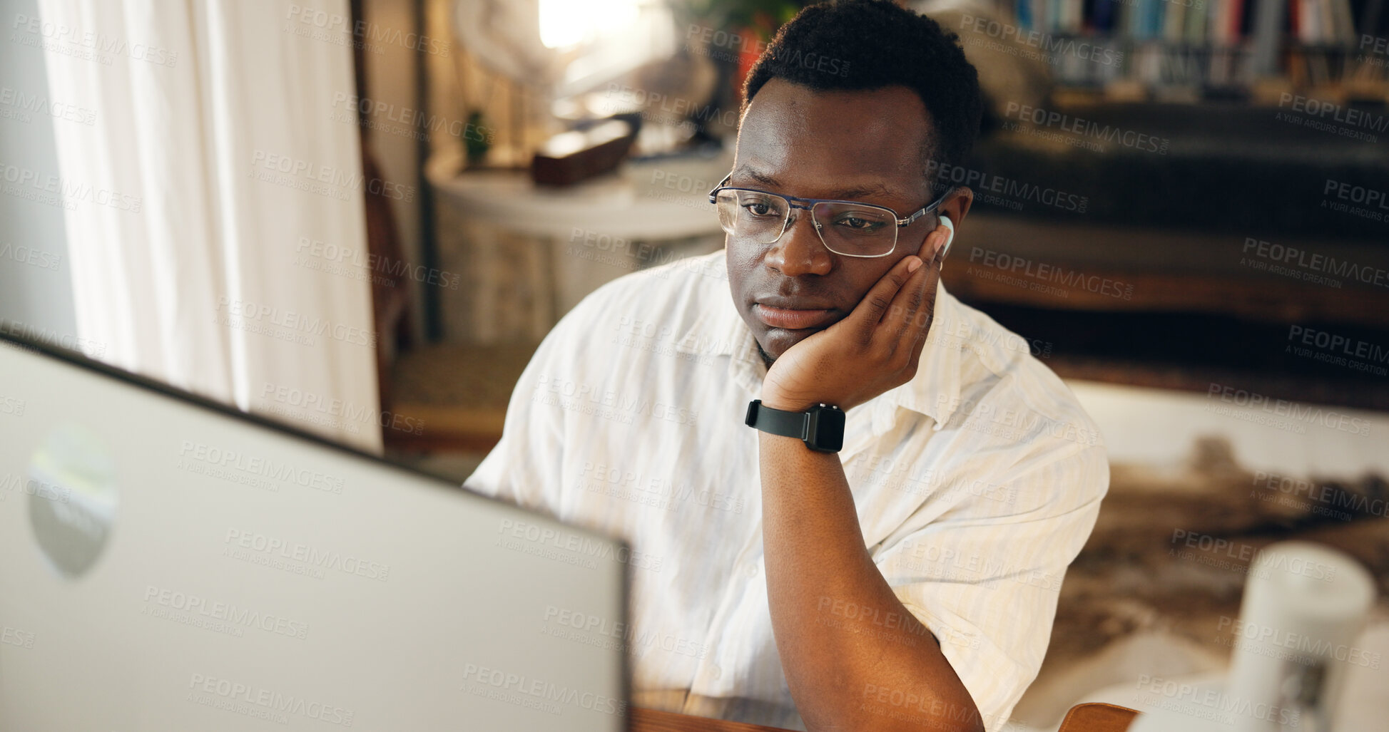 Buy stock photo Home, black man and bored with computer for education, elearning and online class for university. Tired, male person and student with deadline for college assessment, tutorial and research at night