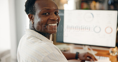 Buy stock photo Black man, trading and computer in portrait, home and graphs with stats, review and progress report for market. Investor, charts and person with smile for profit, pride and wealth management in Kenya