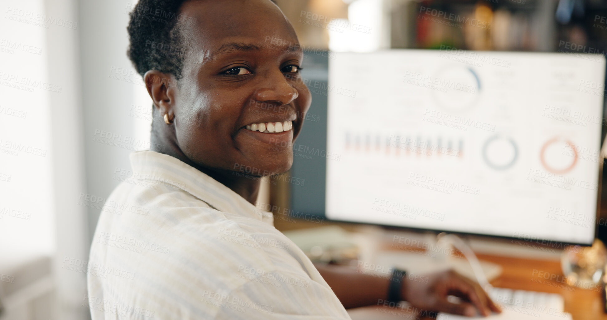 Buy stock photo Black man, trading and computer in portrait, home and graphs with stats, review and progress report for market. Investor, charts and person with smile for profit, pride and wealth management in Kenya