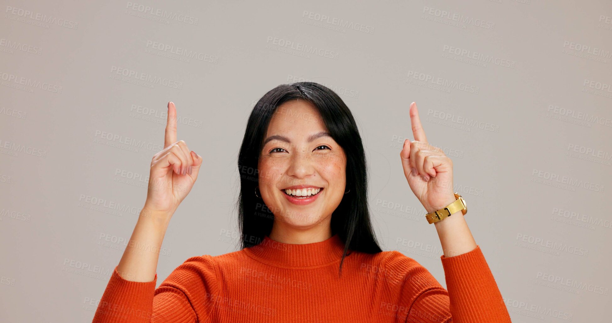Buy stock photo Asian woman, point up and portrait with choice, promotion and deal with mockup space by background. Girl, person and model with direction, decision and show with sign, emoji or announcement in Taiwan