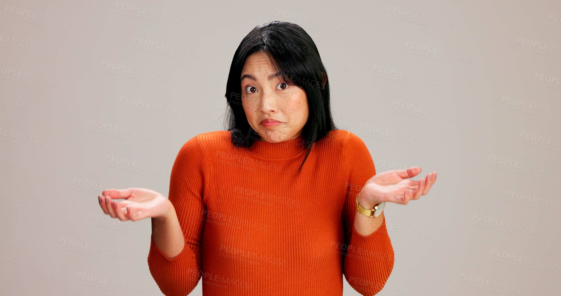 Buy stock photo Shrug, choice and doubt with portrait of asian woman in studio for decision, comparison and mockup space. Confused, question and scale with person on white background for dont know, puzzled and why