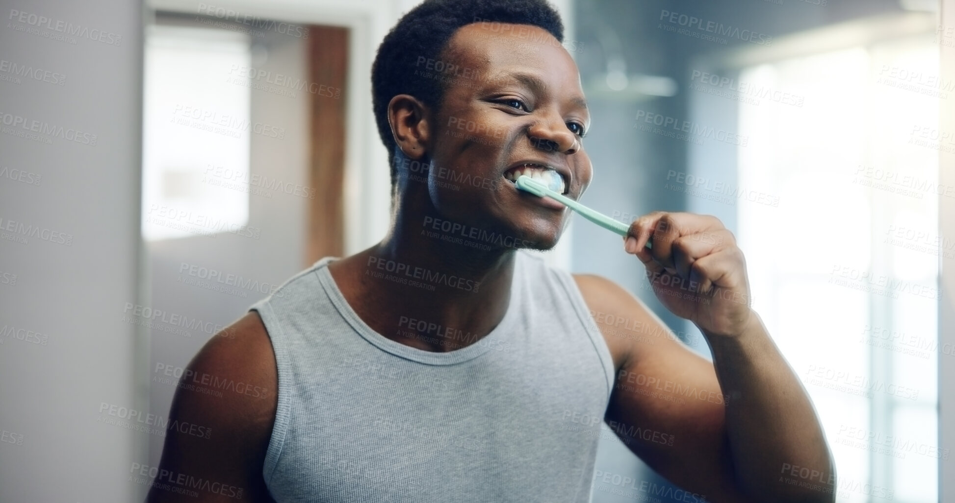 Buy stock photo Dental, bathroom and cleaning with brushing teeth of black man for oral hygiene, tooth grooming or gum health. Self care, morning routine and cavity prevention with person and toothbrush at home