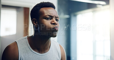 Buy stock photo African man, mirror and check skin in home with results, reflection and shaving with grooming in morning. Person, glow and facial change in bathroom with thinking, hygiene and cosmetics at apartment