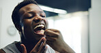 Dental floss, bathroom and cleaning with teeth of black man for oral hygiene, tooth grooming or gum health. Self care, morning routine and cavity prevention with person at home for mouth and wellness