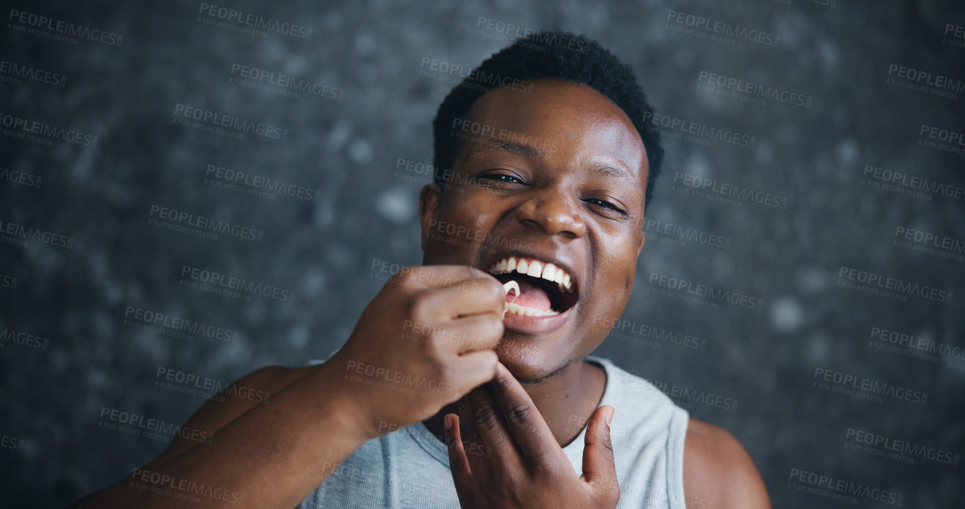 Buy stock photo Dental floss, portrait and cleaning with teeth of black man for oral hygiene, grooming or gum health. Self care, morning routine and pov with person on dark background for mouth and tooth treatment