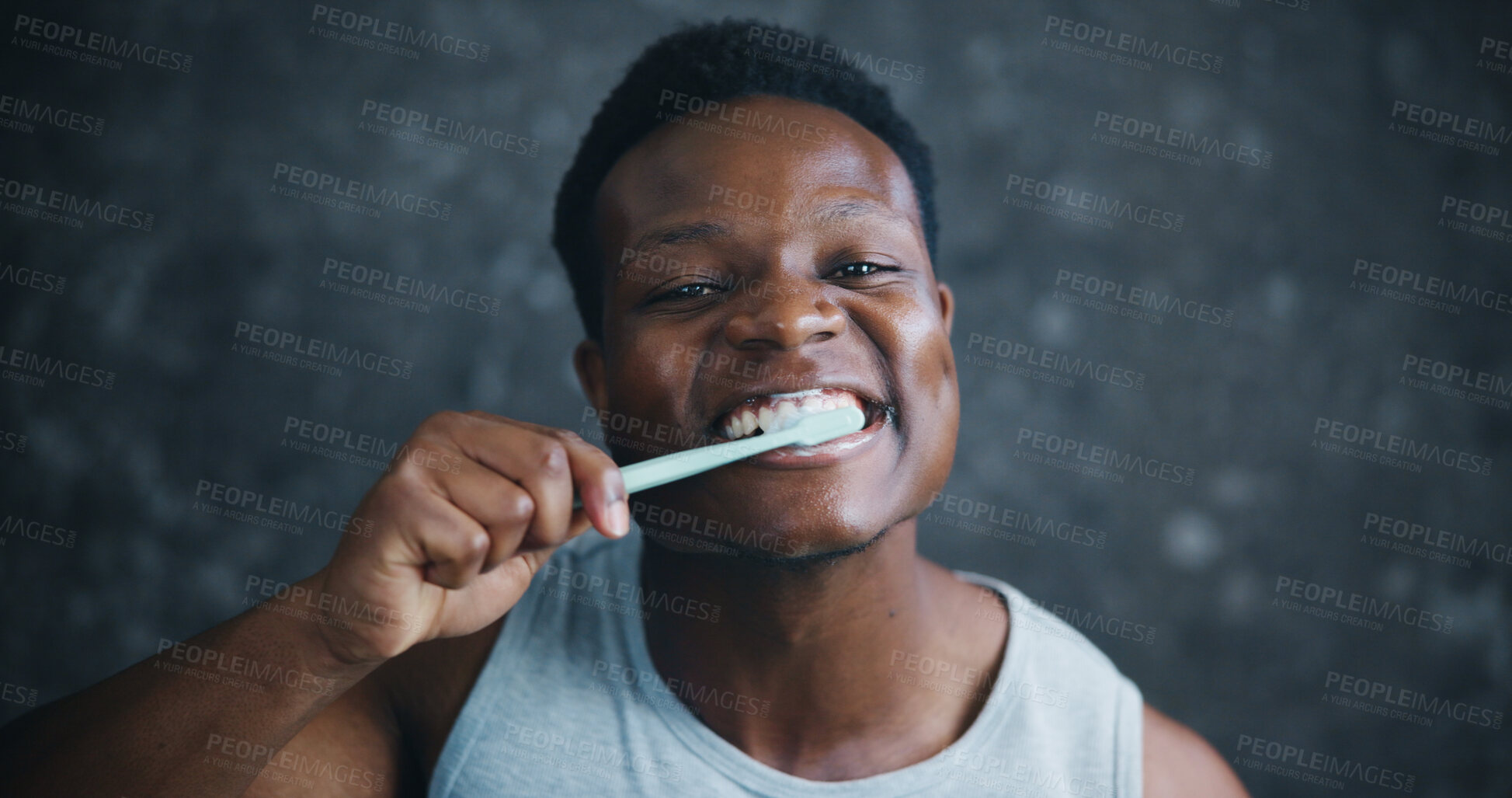 Buy stock photo Dental, portrait and cleaning with brushing teeth of black man for oral hygiene, grooming or gum health. Self care, morning routine and pov with person on dark background for mouth and toothbrush