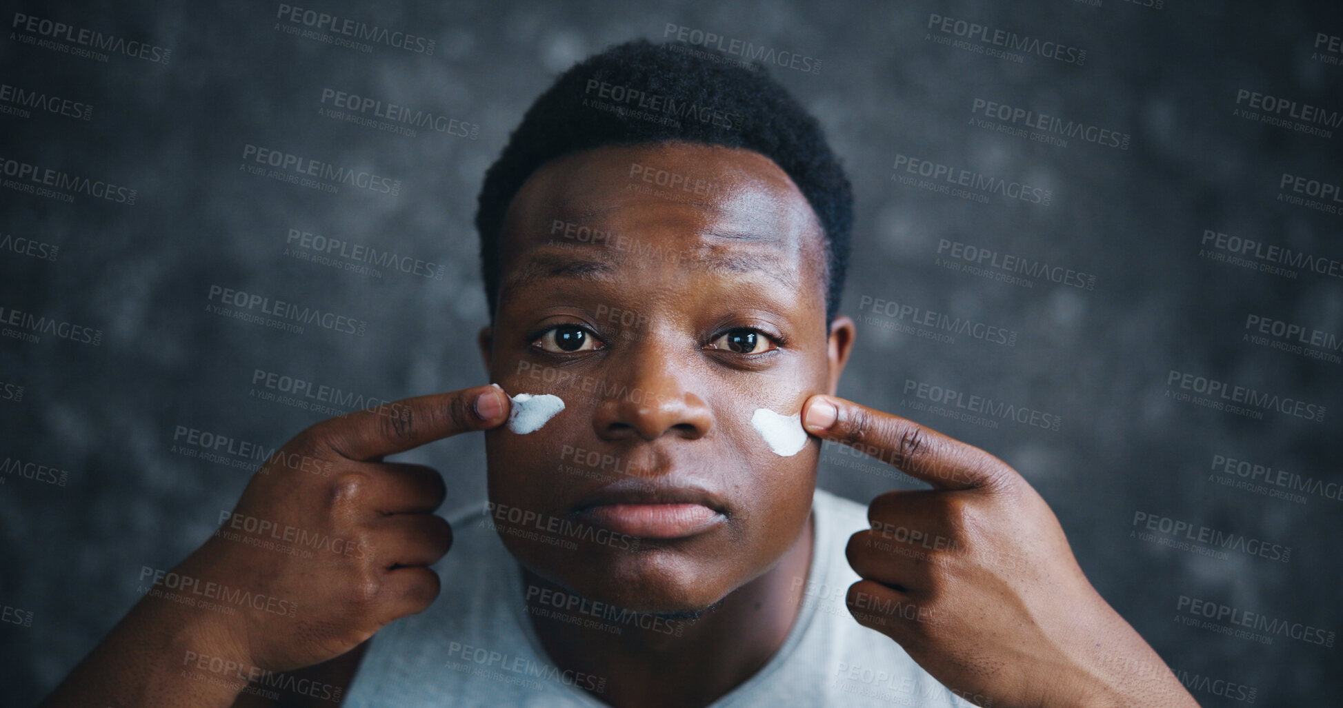 Buy stock photo Black man, portrait and face with lotion for skincare, cosmetics or dermatology on a dark studio background. African, male person or model with cream for anti aging treatment, facial or moisturizer