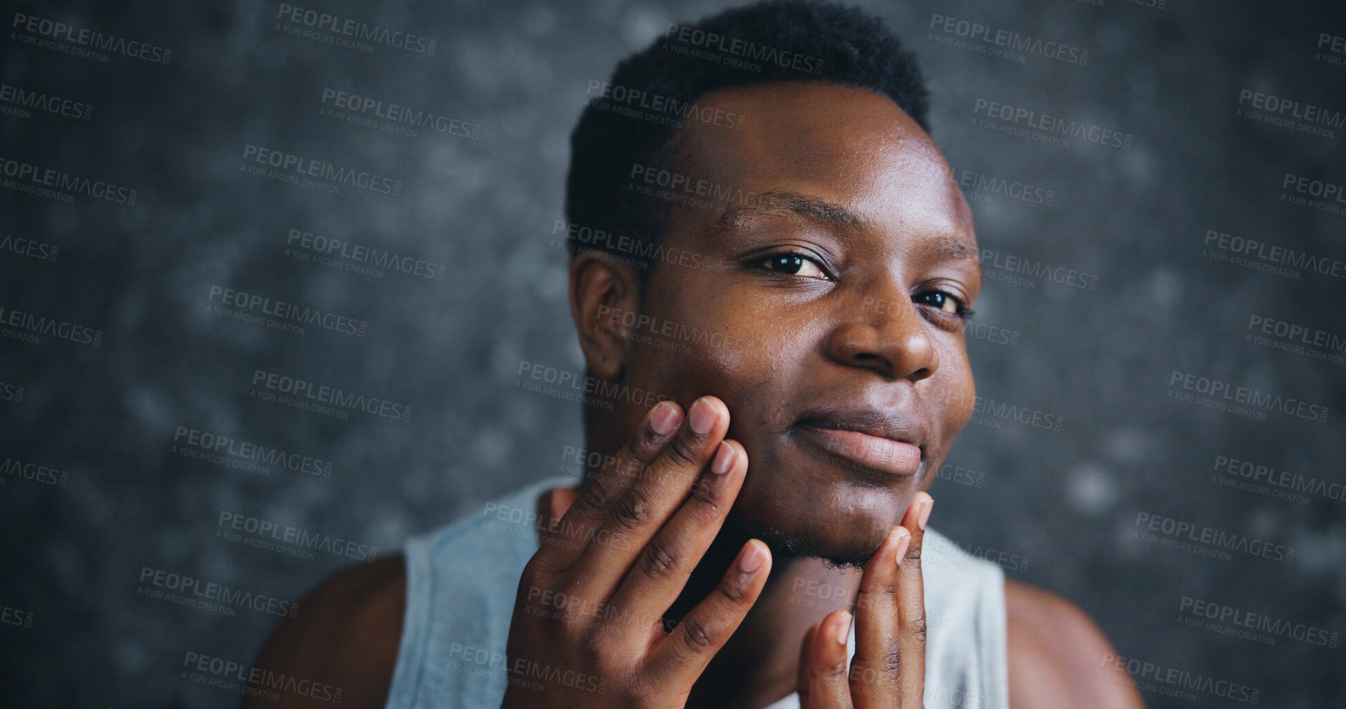 Buy stock photo Black man, skincare and portrait in home for check, results and glow with smile for change in morning. Person, happy and excited for cosmetics, wellness and facial transformation at house in Nigeria