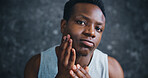 Black man, skincare and portrait with hands in bathroom results, glow and change in morning. Person, touch and smooth with natural cosmetics, wellness or facial transformation at apartment in Nigeria