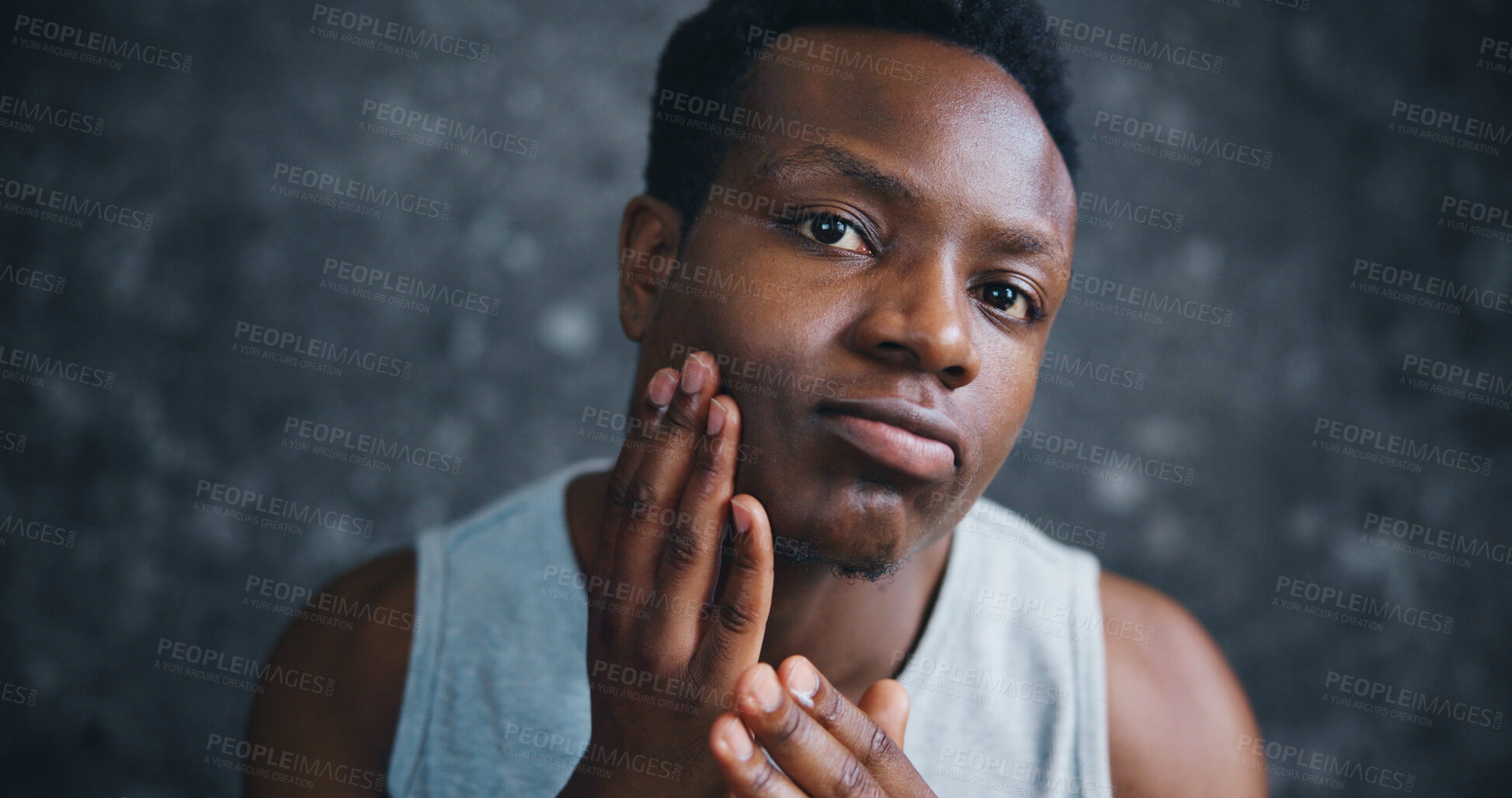 Buy stock photo Black man, skincare and portrait with hands in bathroom results, glow and change in morning. Person, touch and smooth with natural cosmetics, wellness or facial transformation at apartment in Nigeria