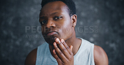 Buy stock photo Black man, portrait and inspection for skincare, wellness and morning routine in home. Person, glow and grooming in bathroom with satisfaction, acne control and touch for smooth skin hydration