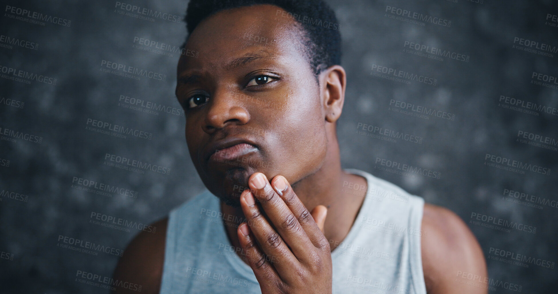Buy stock photo Black man, portrait and inspection for skincare, wellness and morning routine in home. Person, glow and grooming in bathroom with satisfaction, acne control and touch for smooth skin hydration