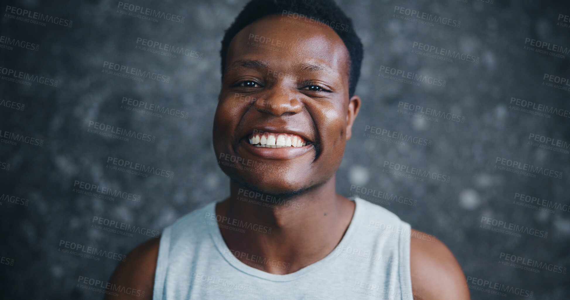 Buy stock photo Black man, portrait and smile for dental care, grooming and gingivitis prevention results in home. African person, oral hygiene and face in bathroom for plaque control, gum cleaning or wellness