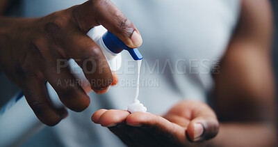 Buy stock photo Hands, skincare and person with lotion for moisturizer, hydration and beauty. Sunscreen, spf cosmetics and squeeze product closeup for dermatology, treatment and man with morning routine at home