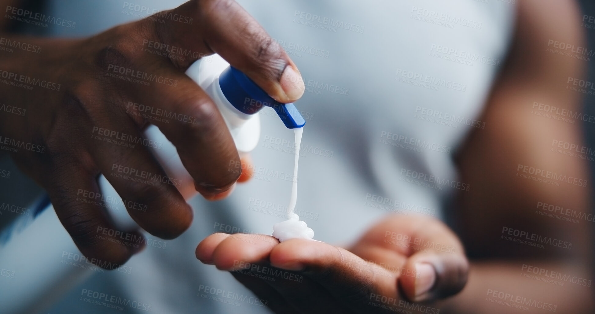 Buy stock photo Hands, skincare and person with lotion for moisturizer, hydration and beauty. Sunscreen, spf cosmetics and squeeze product closeup for dermatology, treatment and man with morning routine at home