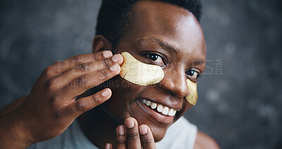 Buy stock photo Eye patch, beauty and portrait of black man for skincare, spa treatment and facial. Dermatology, collagen and cosmetics with male person on dark background for grooming, self care and glow pov
