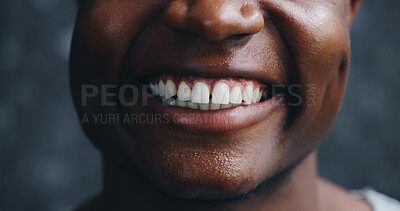 Buy stock photo Black man, mouth and happy with teeth for dental care, oral hygiene and whitening in bathroom. Person, smile and closeup in home for gum cleaning, grooming and orthodontics for selfcare with pride