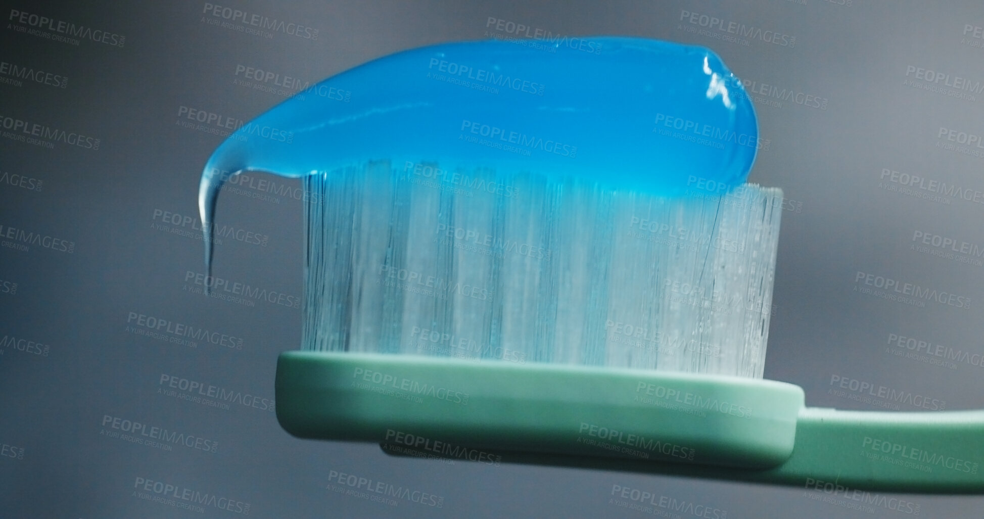 Buy stock photo Toothbrush, toothpaste and closeup in bathroom for oral care, dental hygiene and protection. Brush, gel or product in home for fresh breath, clean or plaque removal for gingivitis prevention in mouth