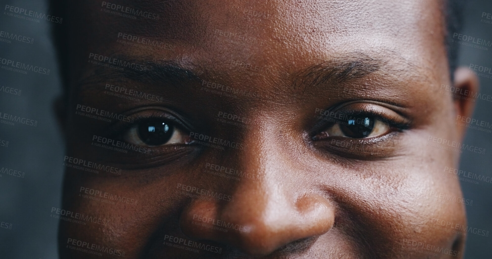 Buy stock photo Black man, eyes and portrait in studio closeup for sight, optometry and vision. Person, reflection and optical wellness on dark background with stare, retina and happy for perception in Nigeria