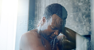 Buy stock photo Black man, shower and splash in home, bathroom and washing body for hygiene with self care in morning. Person, water and cleaning for skin, routine and bacteria with grooming process at apartment
