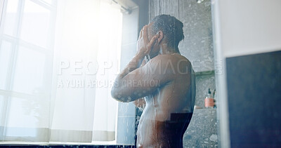 Buy stock photo Glass, person and shower in bathroom for hygiene, routine and washing body in morning at apartment. Man, water and cleaning skin for bacteria, dermatology and grooming process for wellness in home