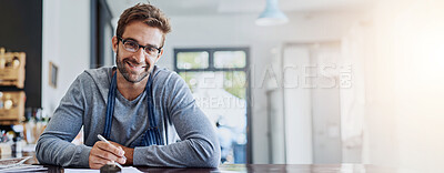 Buy stock photo Happy man, portrait or paper in cafe for small business, stock checklist or inventory management in banner. Entrepreneur, smile or glasses in restaurant with order sheet, attendance register or space