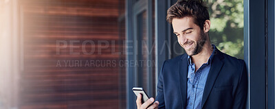 Buy stock photo Man, phone and confident lawyer in office, legal advisor and online consulting at law firm. Male person, advocate and app in workplace for government service, banner space and legislation research